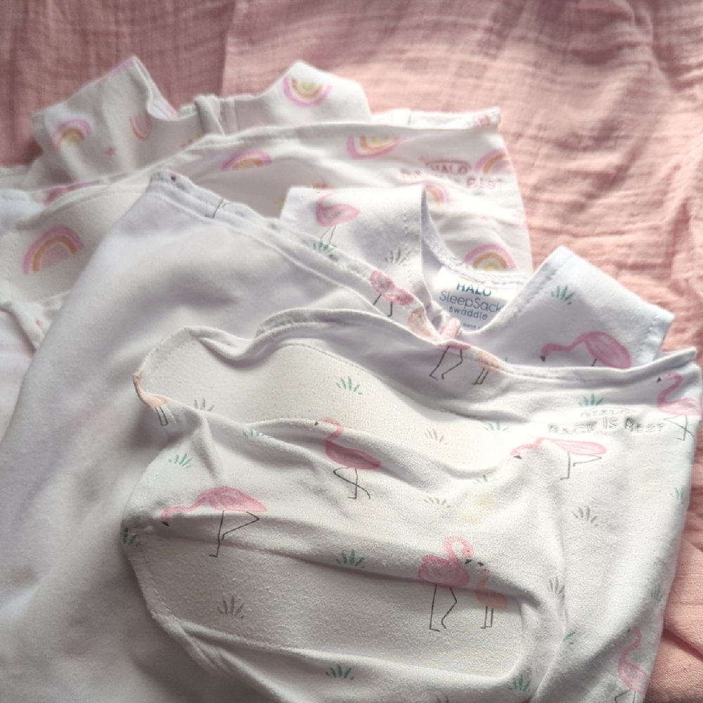 Halo Sleep Sacks - Set Of Two - White with Pink Flamingos and Rainbows. Newborn.
